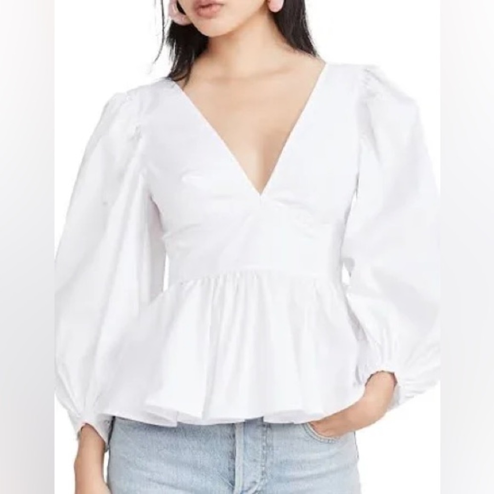 STAUD White V-Neck Peplum Long Sleeve Blouse